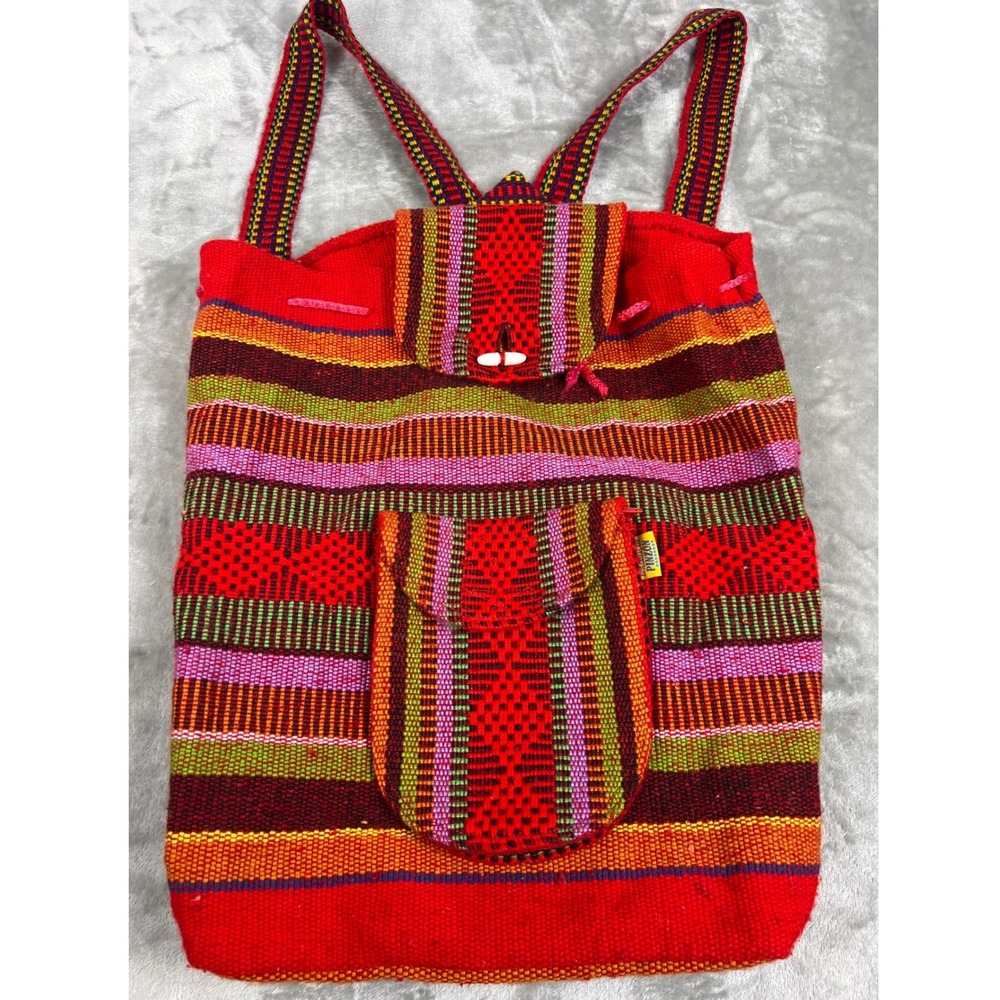 Artesanias Pinzon Woven Backpack Red Stripe Boho Hippie Mexico Drawstring Bag